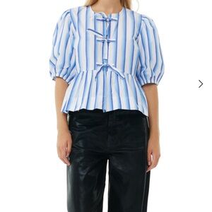 Ganni Blue Stripe Cotton Poplin Tie Peplum